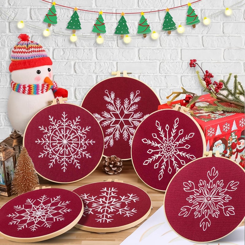 CMINAUS 6 Sets Christmas Embroidery kit for Beginners Adults, Antique Red Christmas Ornament Kit Snowflakes Needlepoint Cross Stitch Kits with Patterns, Stitch Learning Kit with Needles Ropes Ribbon-Red - Image 5